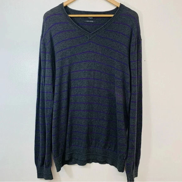 Armani Exchange Sweater  Men XL Cotton Cashmere  V Neck Gray Purple Stripe Light - Picture 1 of 12